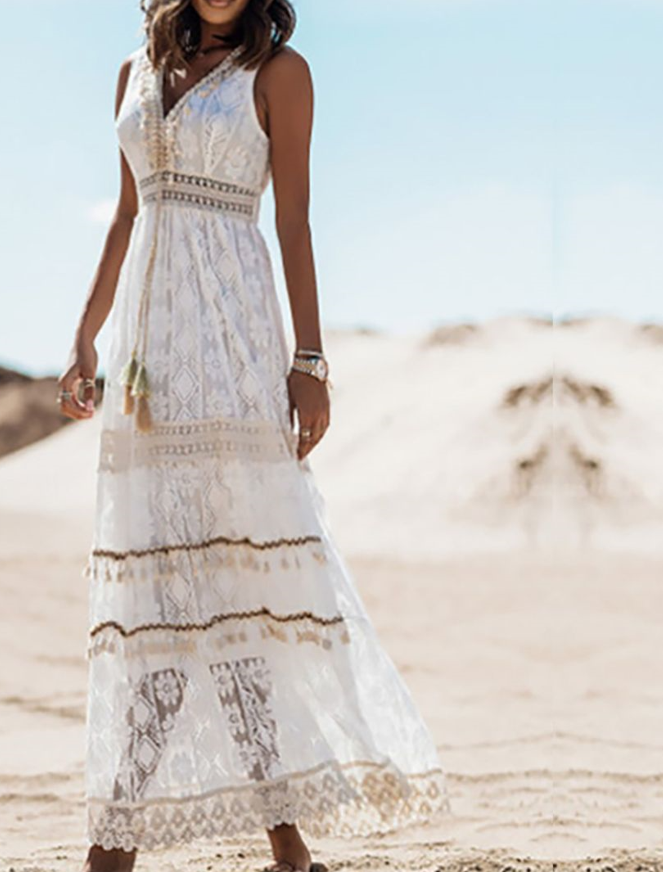 Maxikleid Damen Boho V-Ausschnitt Spitze