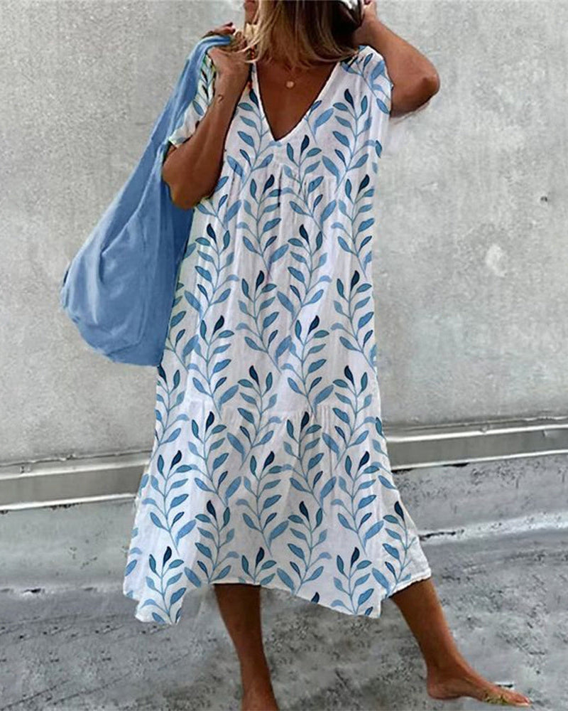 Sommerkleid Damen V-Ausschnitt Blätterdruck
