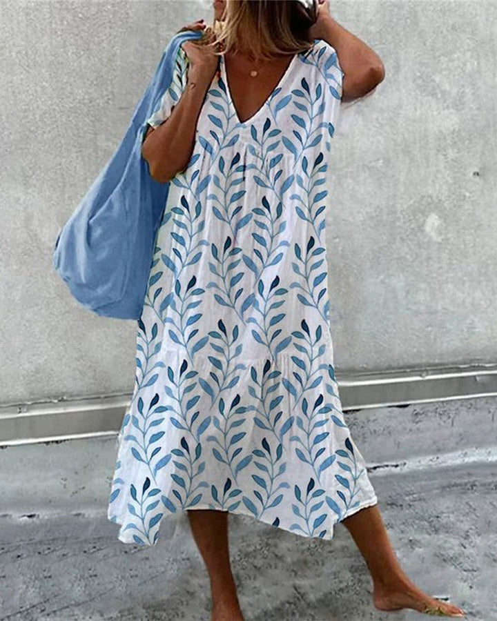 Sommerkleid Damen V-Ausschnitt Blätterdruck