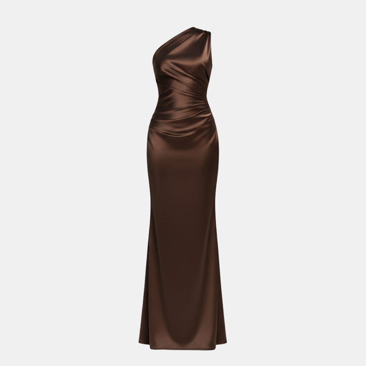 Isabella – One Shoulder Chocolate Brown Satin Evening Maxi Dress - Image 6
