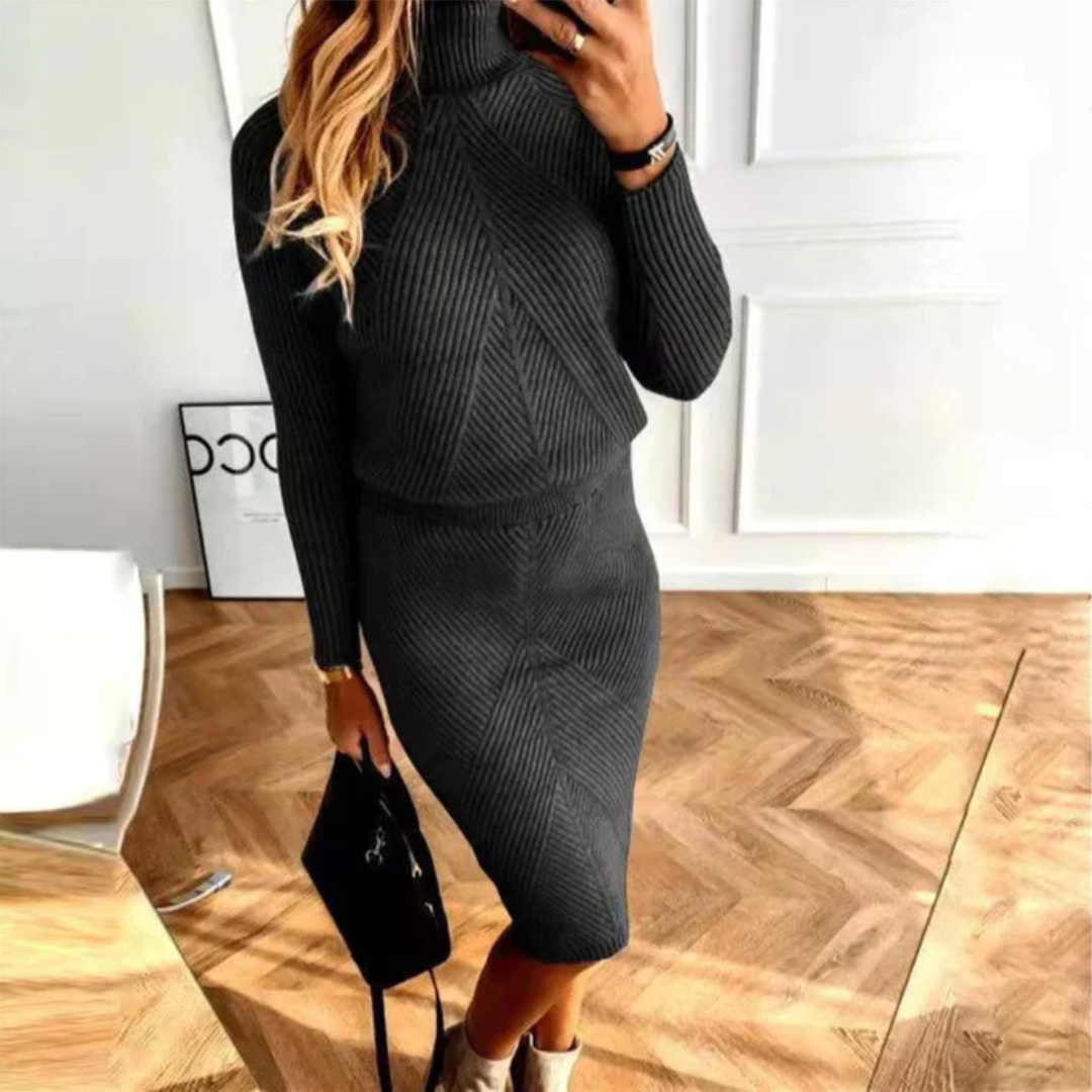 Damen Strickkleid Rollkragen knielang