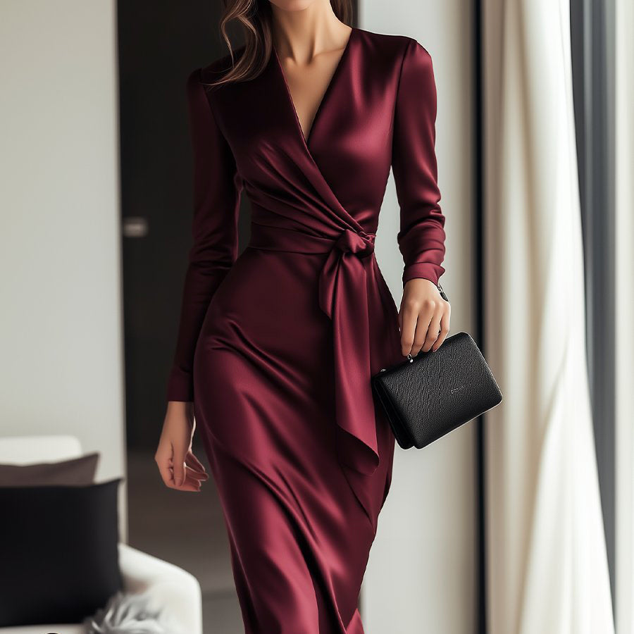 Burgunderrotes Satin-Wickelkleid für Damen | Bindegürtel