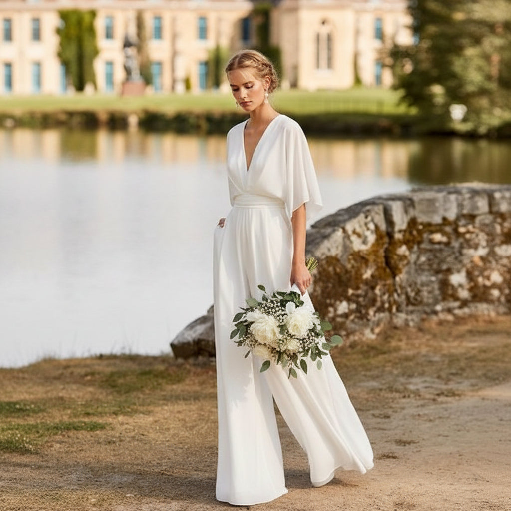 Jumpsuit mit V-Ausschnitt und weiten Ärmeln – elegante Damenmode