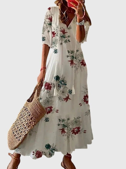 Michaela | Damen Boho Maxikleid mit V-Ausschnitt