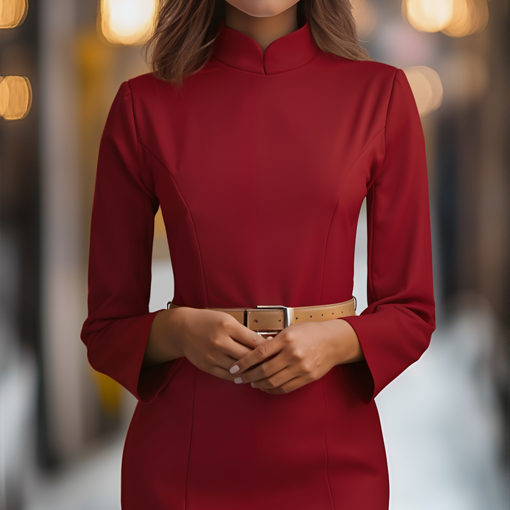Damenkleid mit Stehkragen und Gürtel | Polyester