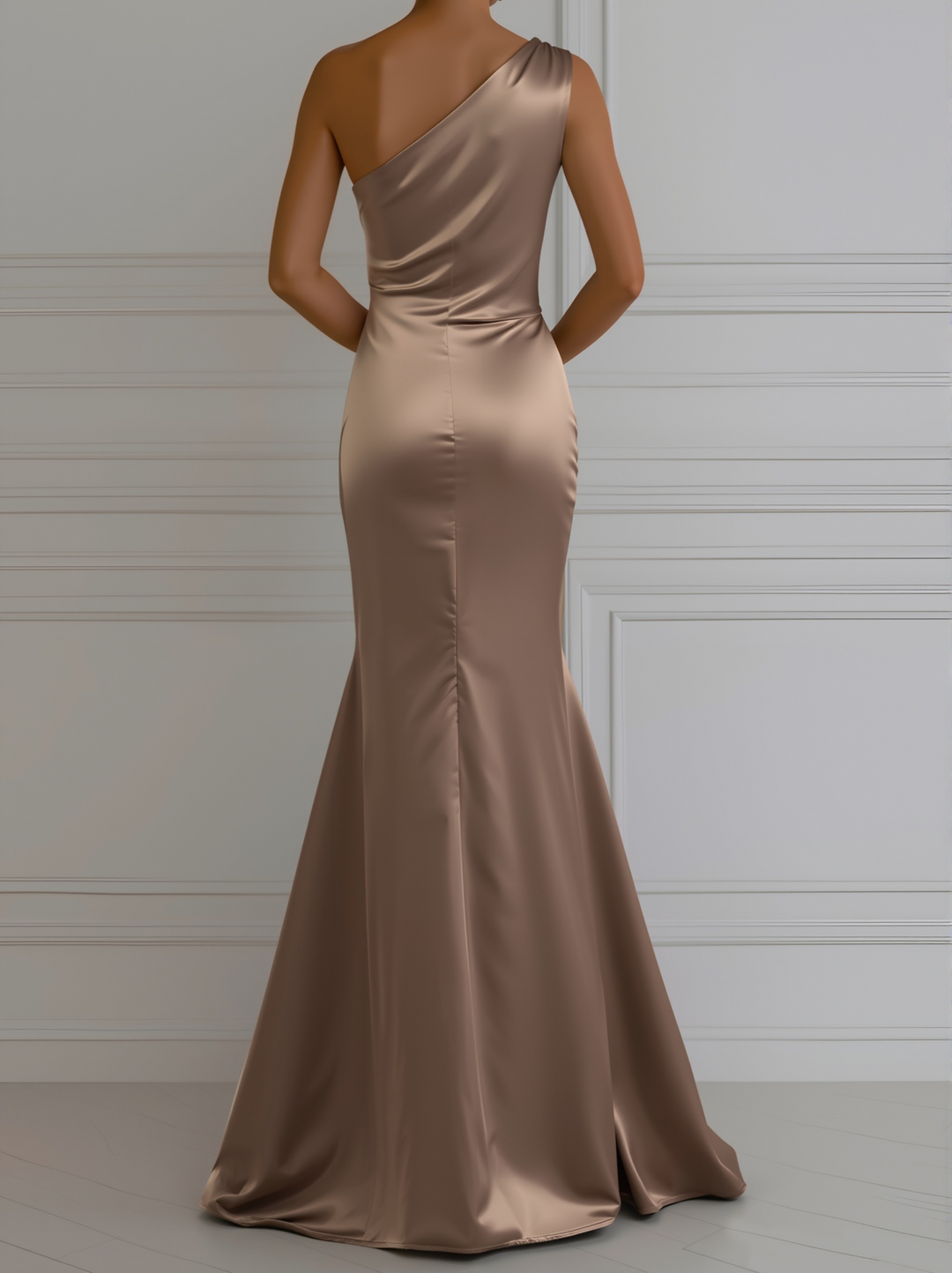 Champagnerfarbenes Ein-Schulter-Abendkleid aus Satin für Damen