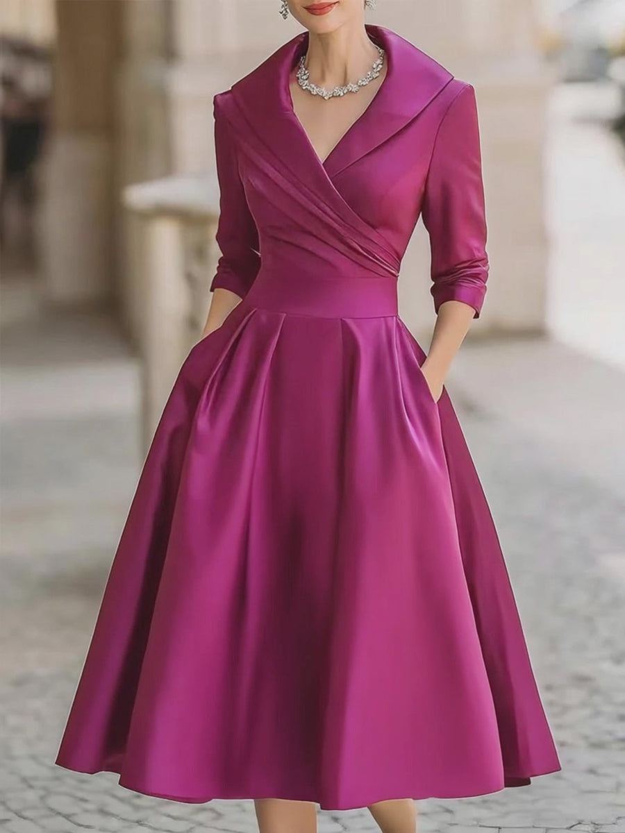 Satin-Midi-Kleid für Damen | A-Linie mit Schalkragen
