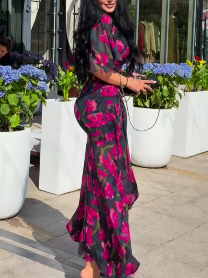 Damen-Midi-Kleid mit Print, V-Ausschnitt und Trompetenärmeln