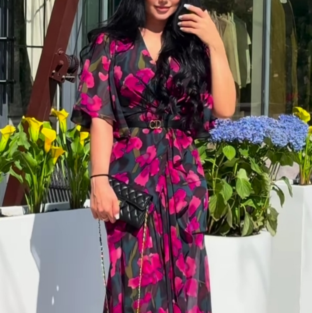 Damen-Midi-Kleid mit Print, V-Ausschnitt und Trompetenärmeln