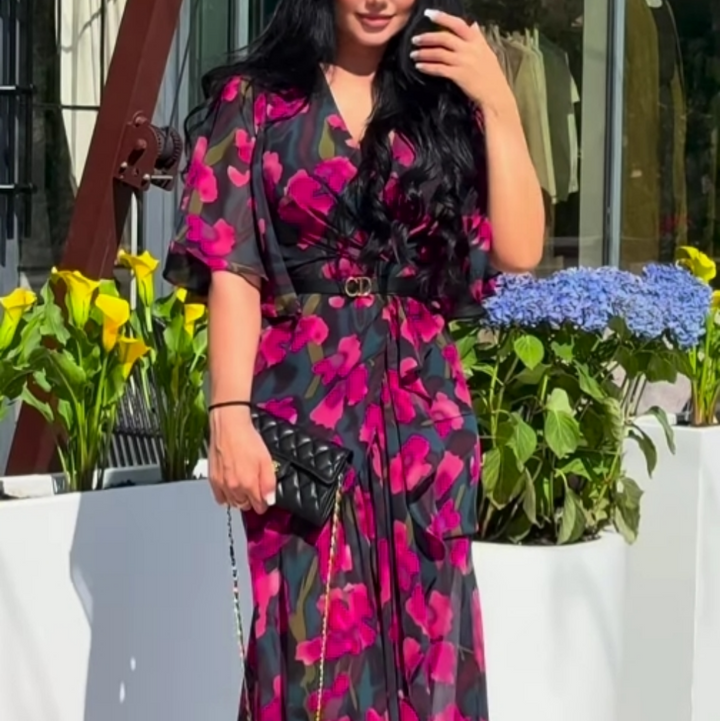 Damen-Midi-Kleid mit Print, V-Ausschnitt und Trompetenärmeln