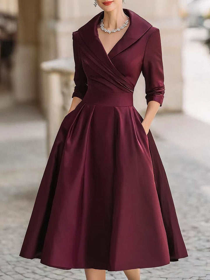Satin-Midi-Kleid für Damen | A-Linie mit Schalkragen