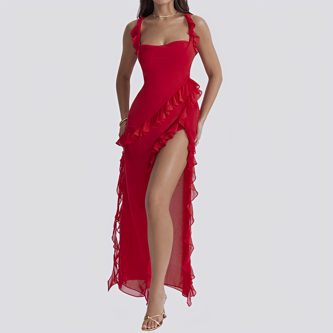 Lyvia - Lässiges Kleid mit hohem Schlitz und Rüschen für Damen
