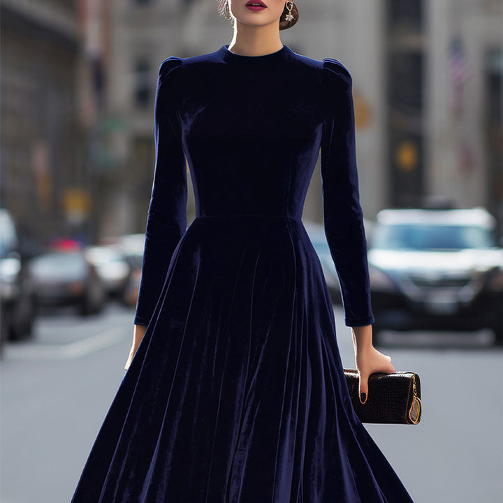 Damen-Midi-Kleid aus marineblauem Samt mit langen Ärmeln