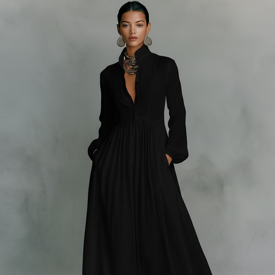 Damen-Maxikleid aus Leinenmischung mit Patchwork-Muster und Knopfleiste