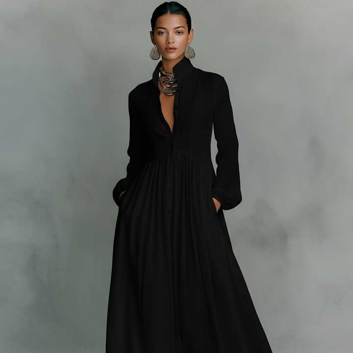 Damen-Maxikleid aus Leinenmischung mit Patchwork-Muster und Knopfleiste