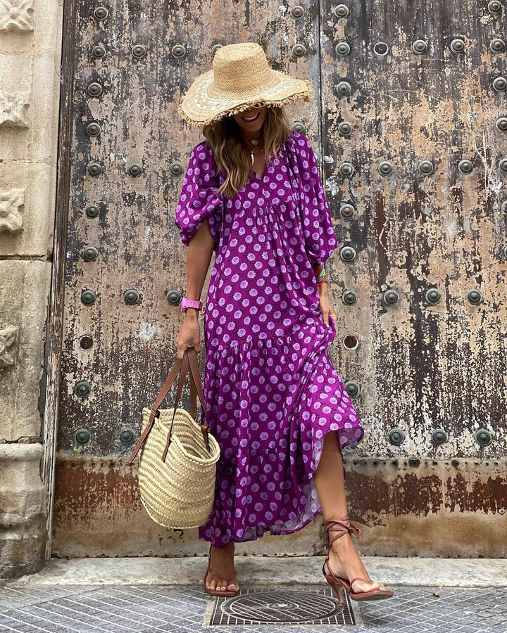 Midi-Kleid für Damen mit Puffärmeln und Stufenschnitt