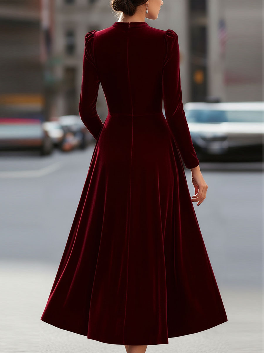 Damen-Midi-Kleid aus marineblauem Samt mit langen Ärmeln
