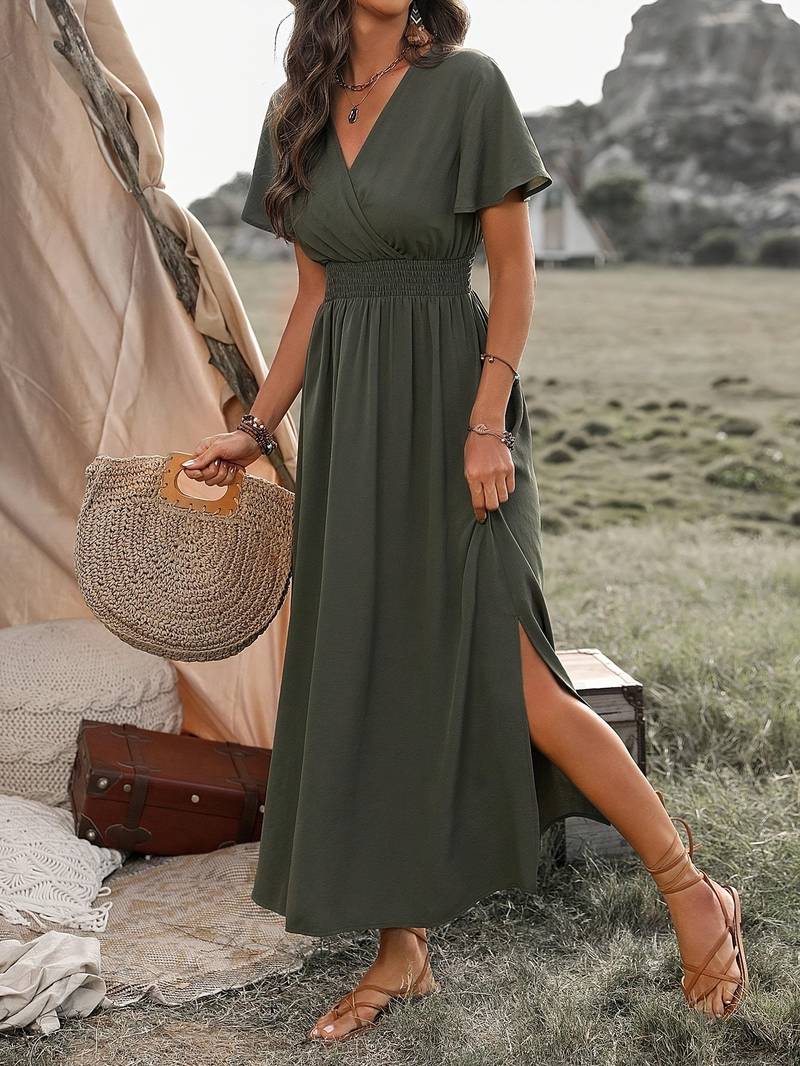 Damen Elegantes V-Ausschnitt Boho Maxi Kleid