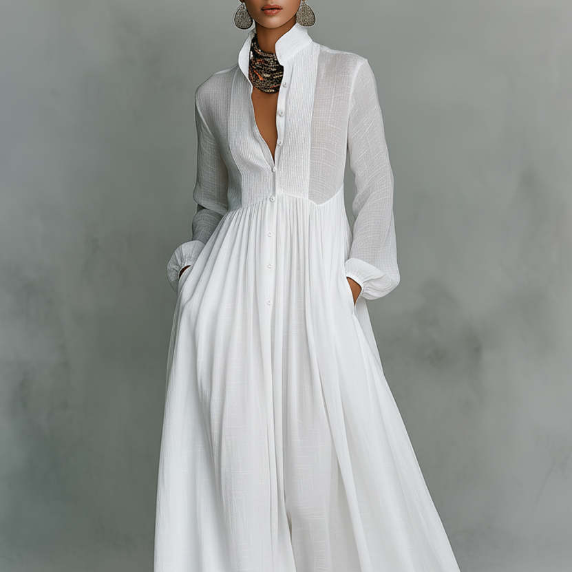 Damen-Maxikleid aus Leinenmischung mit Patchwork-Muster und Knopfleiste