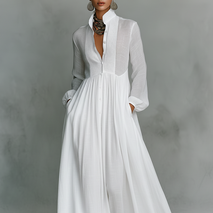 Damen-Maxikleid aus Leinenmischung mit Patchwork-Muster und Knopfleiste