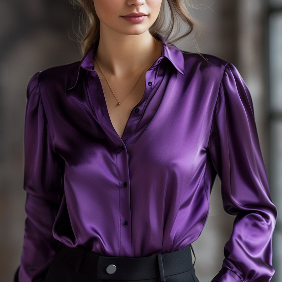 Lange Ärmelbluse aus schwarzem Satin für Damen