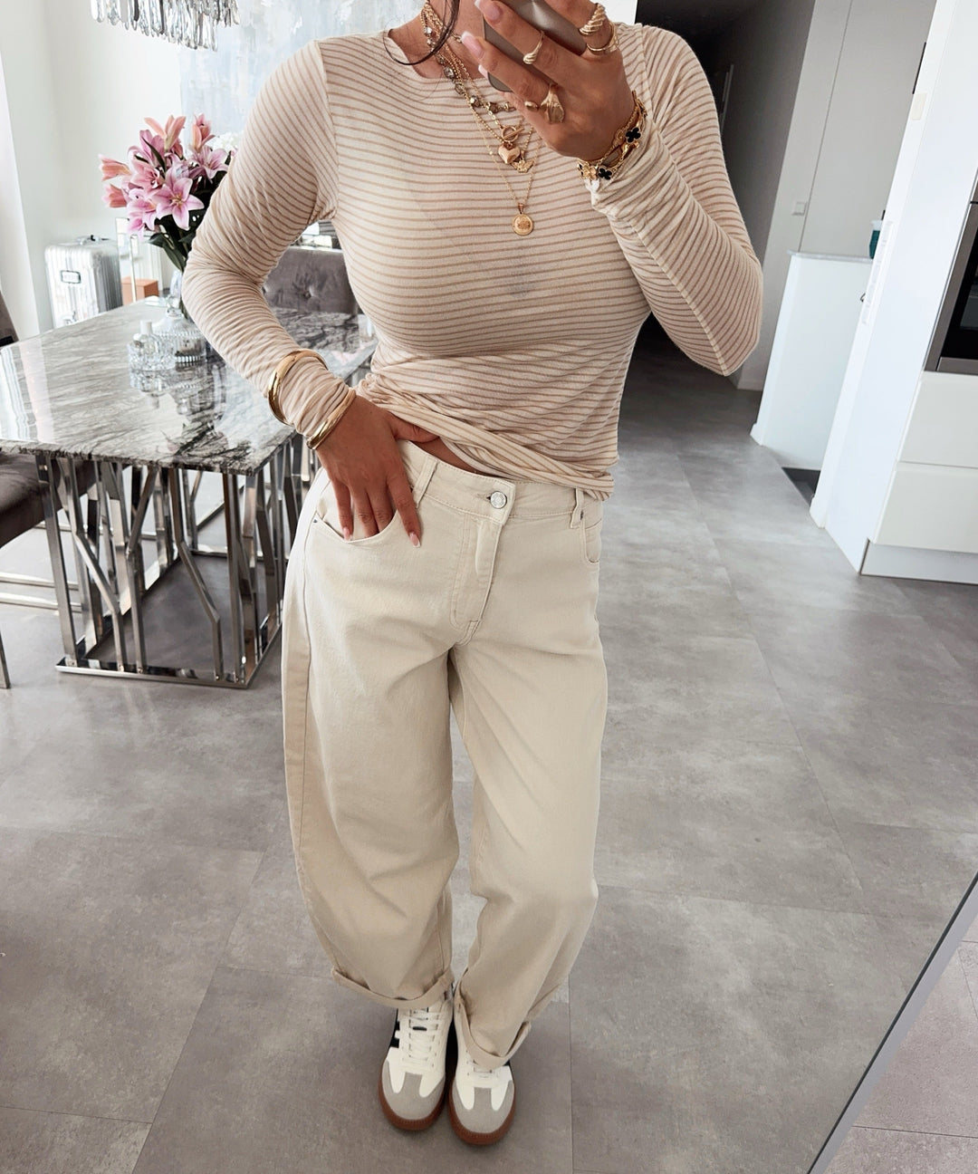 Viskose/Kaschmir Oberteil Leona Streifen Beige