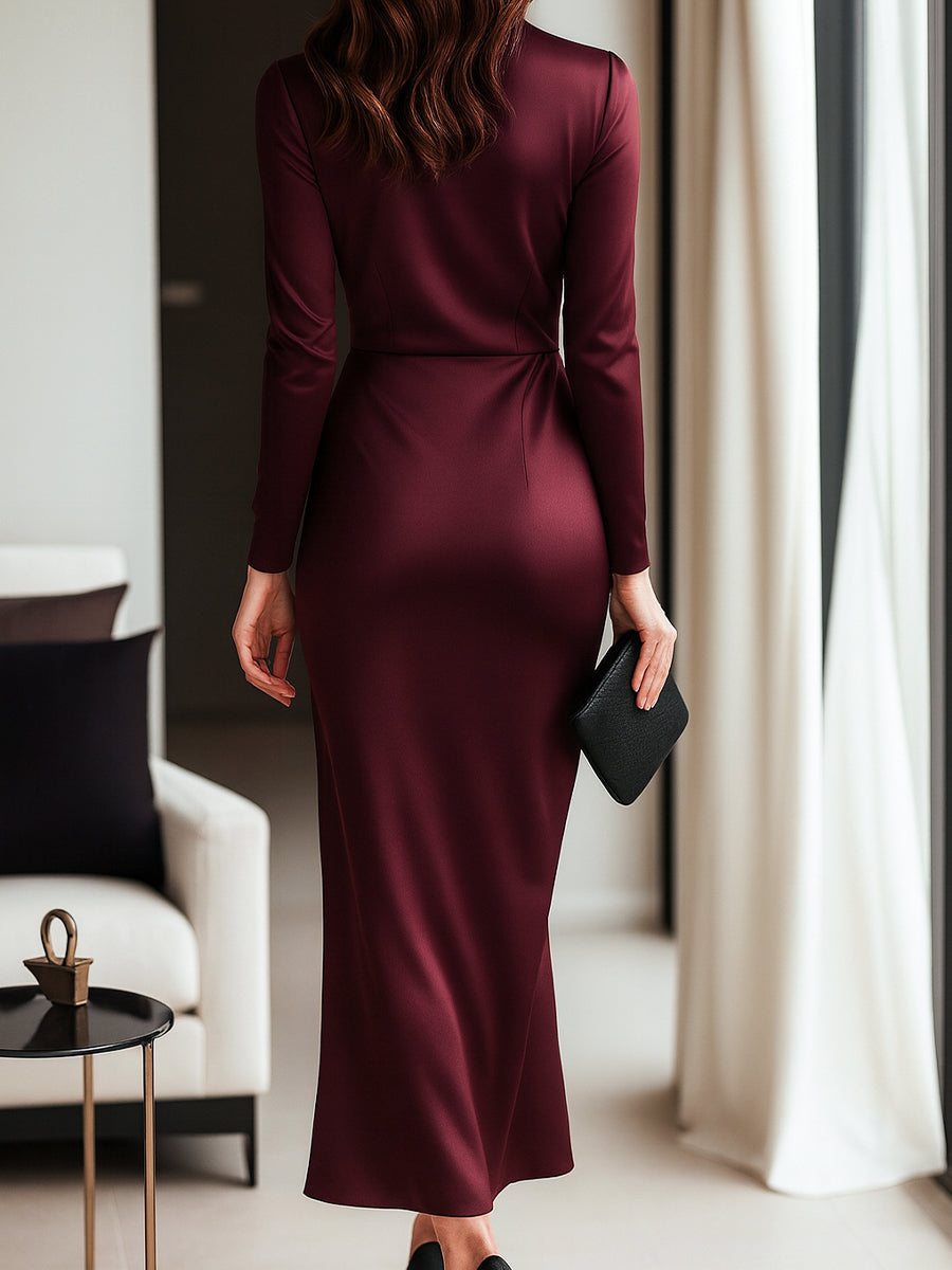 Burgunderrotes Satin-Wickelkleid für Damen | Bindegürtel