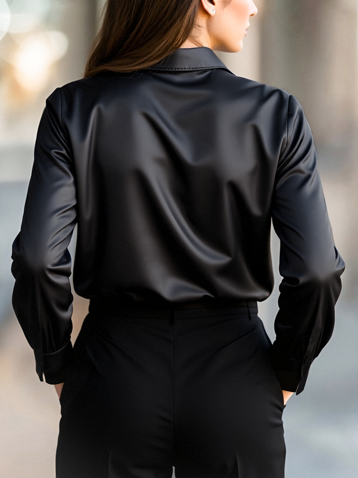 Lange Ärmelbluse aus schwarzem Satin für Damen