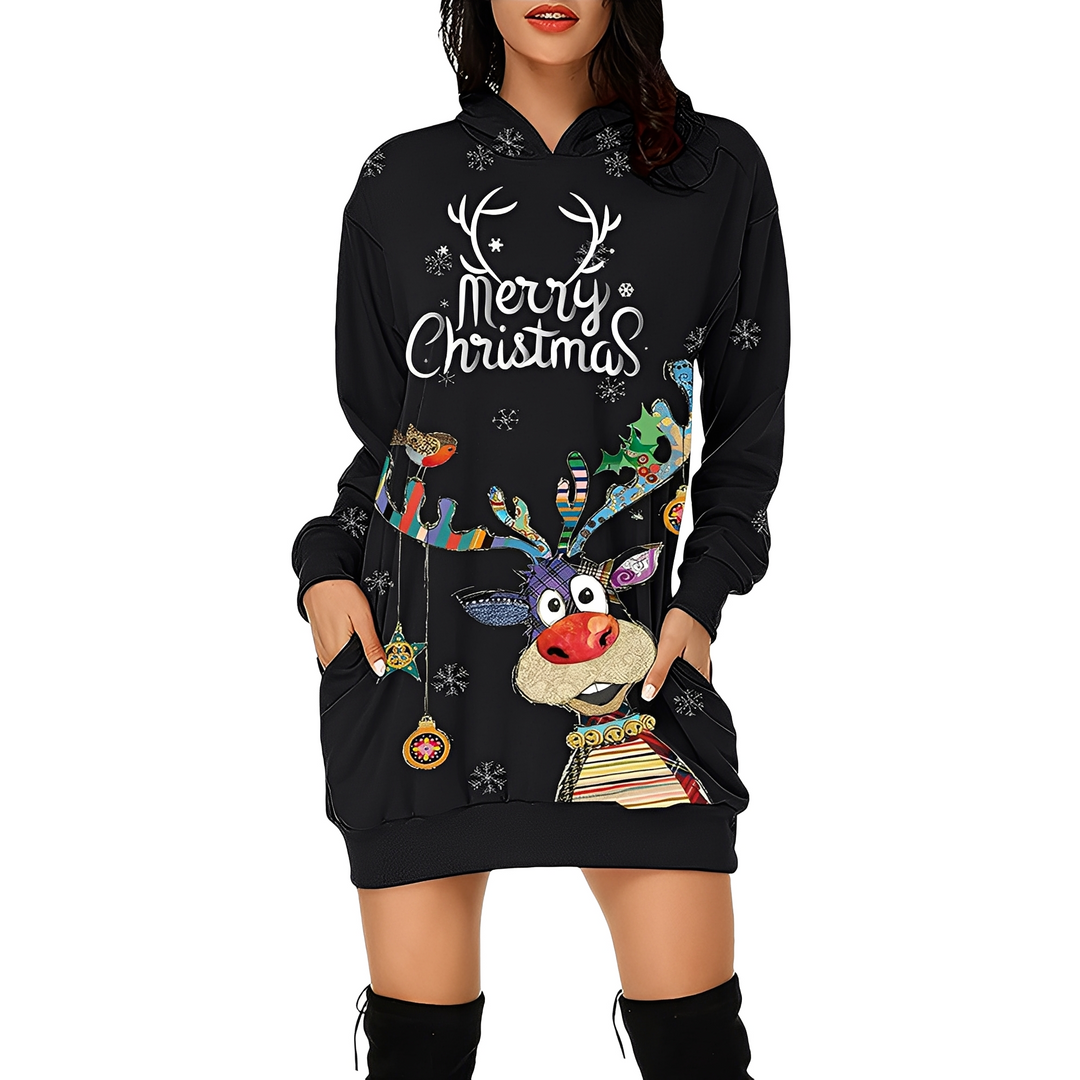 Georgia - Stilvolles Weihnachtskleid mit Kapuze für Damen mit Print