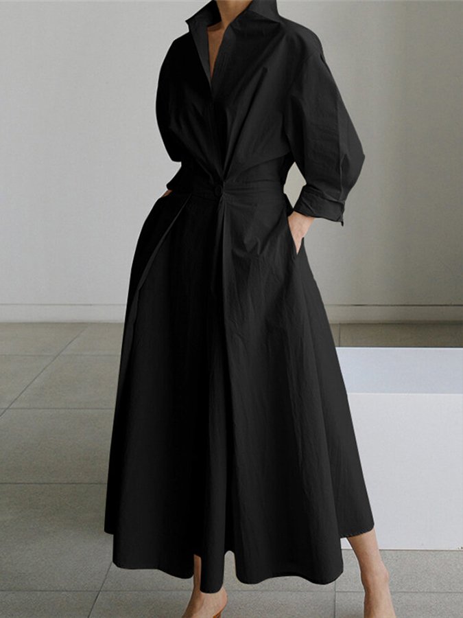 Stilvolles Damen Maxikleid langarm mit Hemdkragen