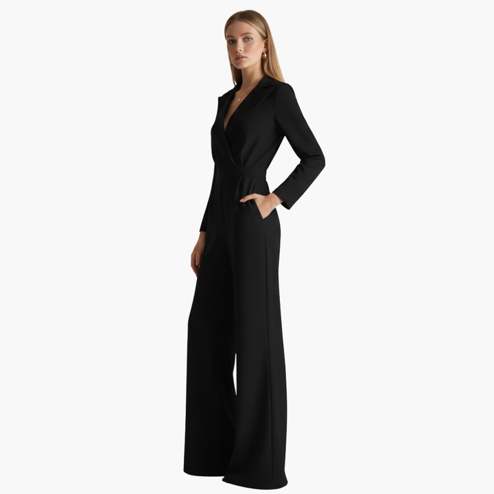 Jumpsuit langarm elegant für Damen – Hemdkragen & weite Beine