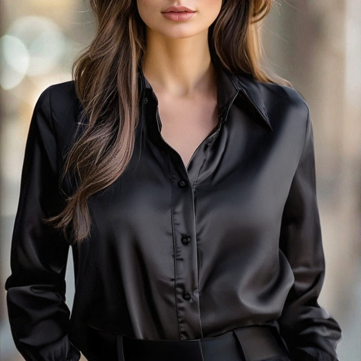 Lange Ärmelbluse aus schwarzem Satin für Damen