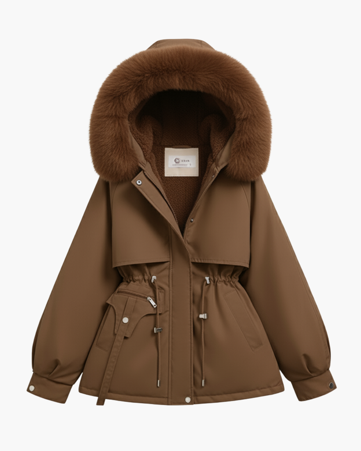 Kurze Winterjacke mit Teddyfutter und Kapuze mit Fellbesatz