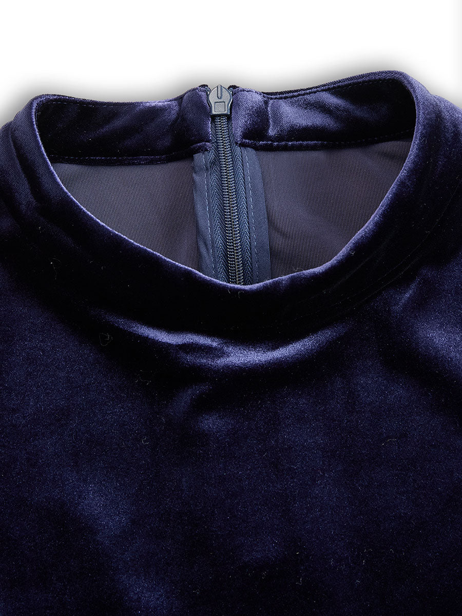 Damen-Midi-Kleid aus marineblauem Samt mit langen Ärmeln