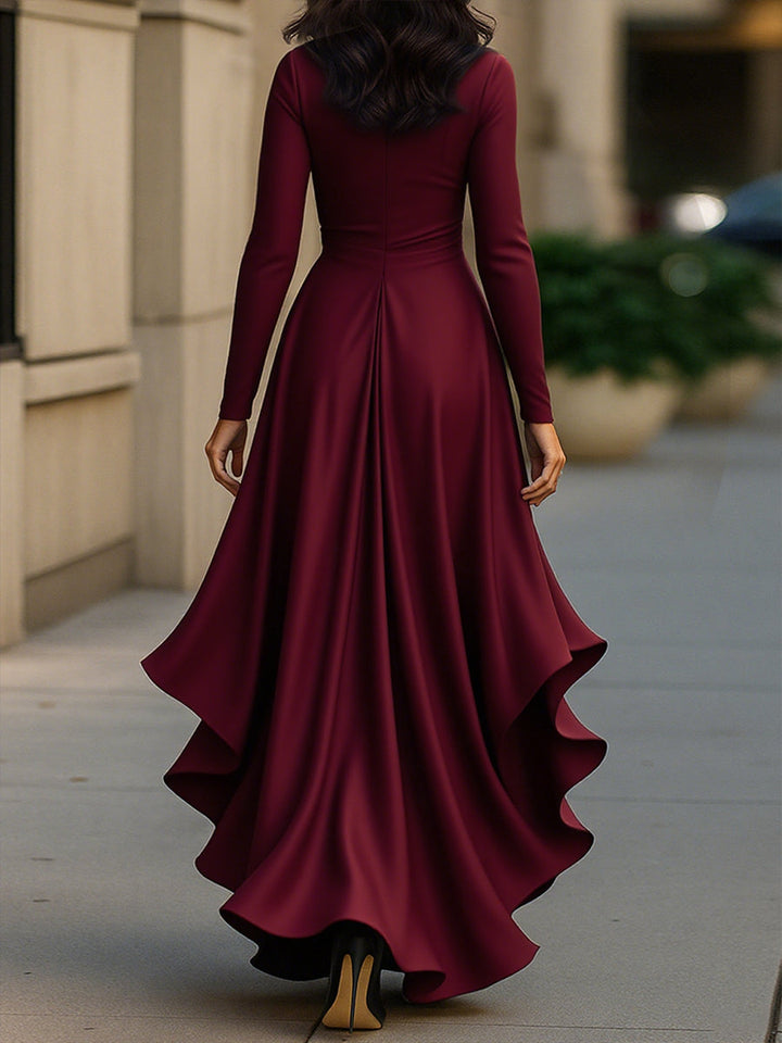 Satin-Maxikleid für Damen | Drapierte Rüschen, lange Ärmel