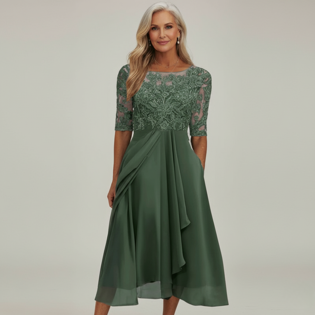 Midi Jurk Dames Chiffon Kant Driekwart Mouw