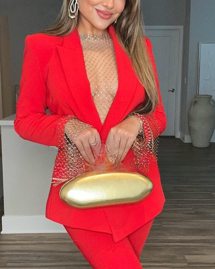 Damen-Top aus Diamant-Mesh mit Glockenärmeln