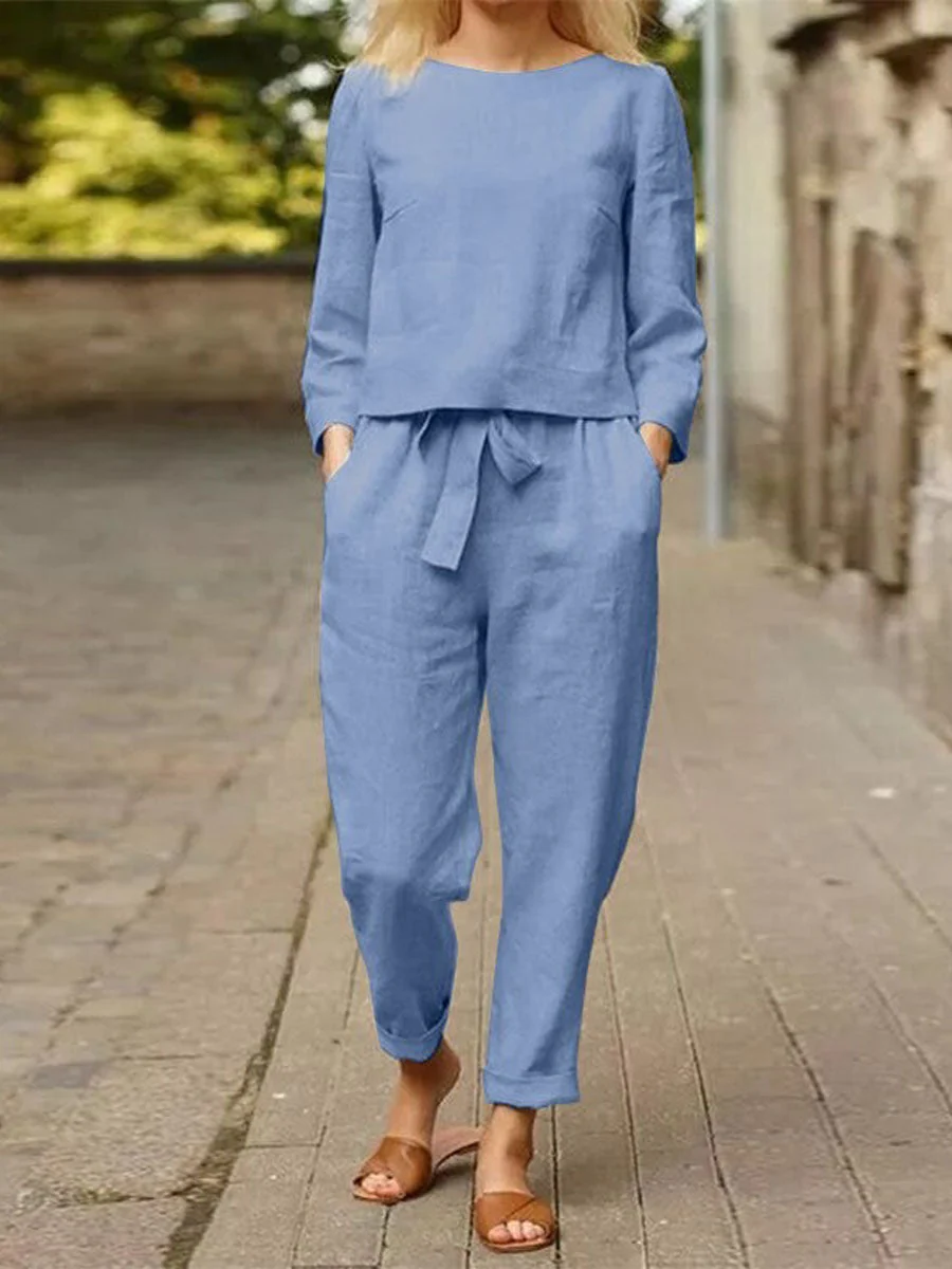 Ursula | Damen Freizeit-Set mit langärmligem Oberteil und Gürtelhose
