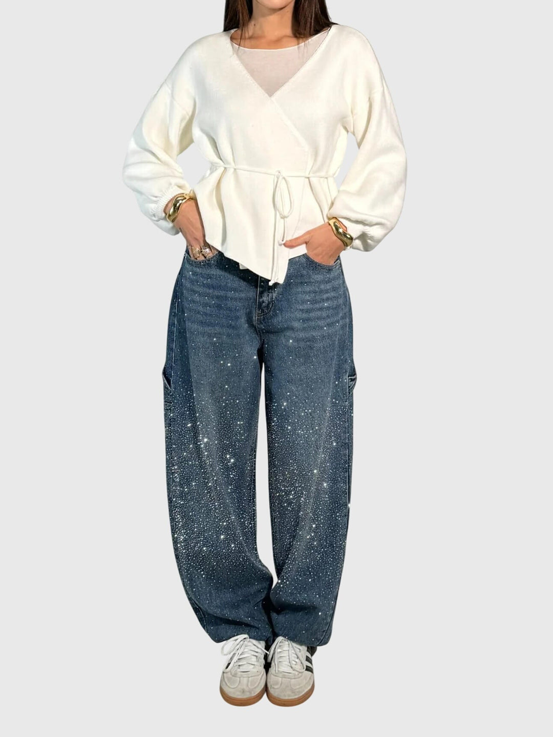 Greta | Damen Glänzende Diamant Denim Hose