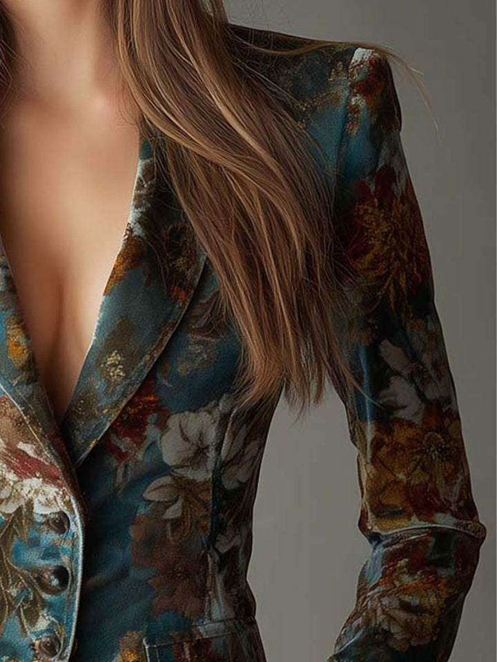 Damen-Blazer aus Samt mit Blumenmuster in Blaugrün