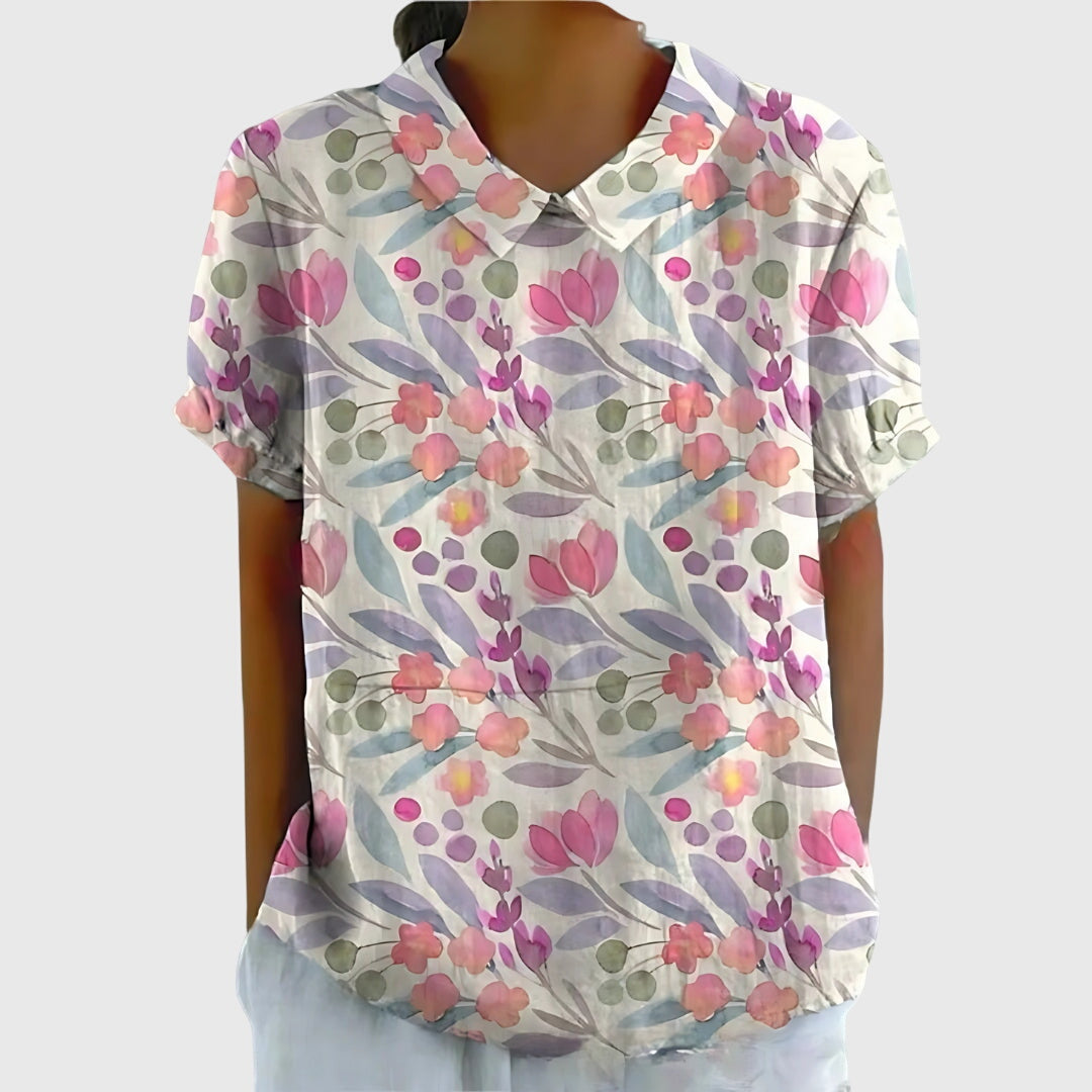 Elke | Damen Blumen Kragen Kurzarm Bluse