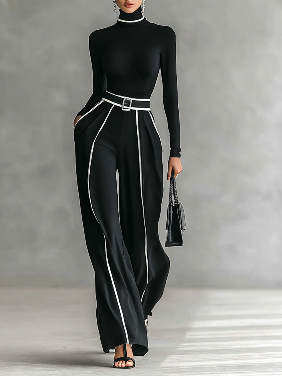 Set aus Damen-Rollkragenpullover und Hose mit weitem Bein