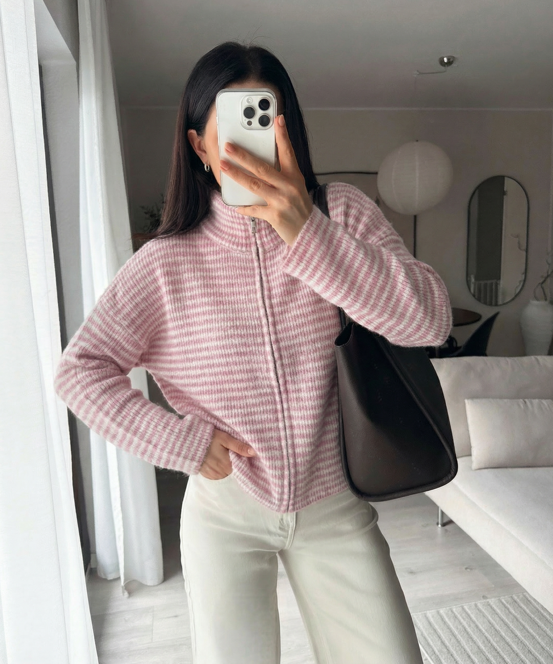 Zip Strickjacke Helena Streifen Rosa Ladypolitan ♡