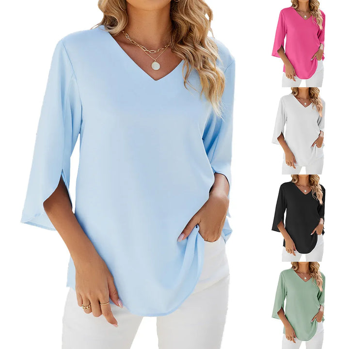 Caetana – Bluse aus Chiffon mit kurzen Ärmeln und V-Ausschnitt