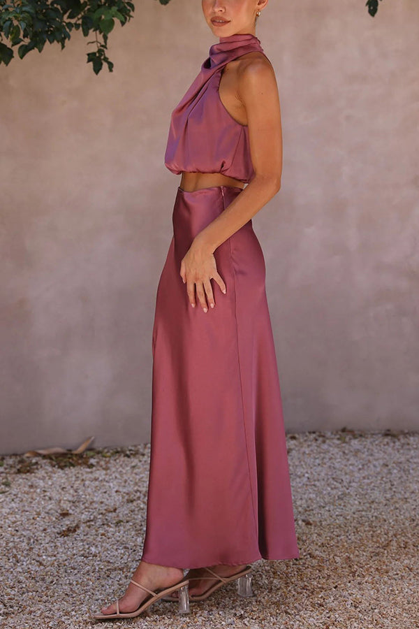 Damen-Set mit Maxirock aus Satin und hochgeschlossenem Oberteil
