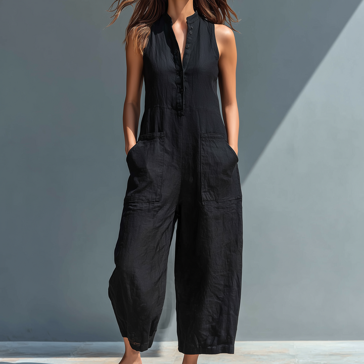 Damen-Jumpsuit aus Leinenmischung, ärmellos, mit Knopfleiste