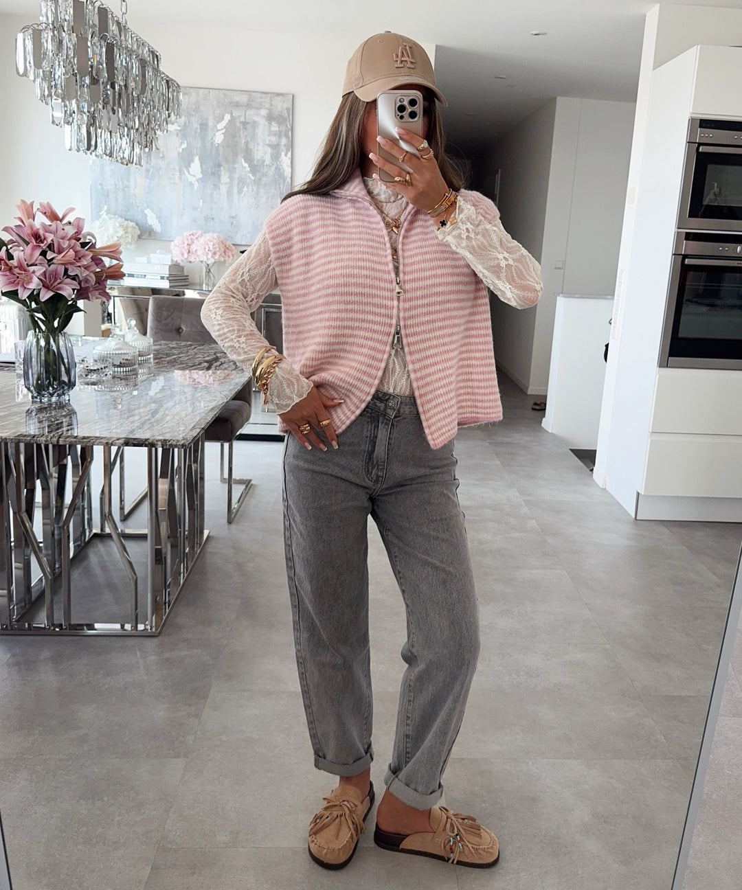 Kurzarm Strickjacke Vania Streifen Rosa
