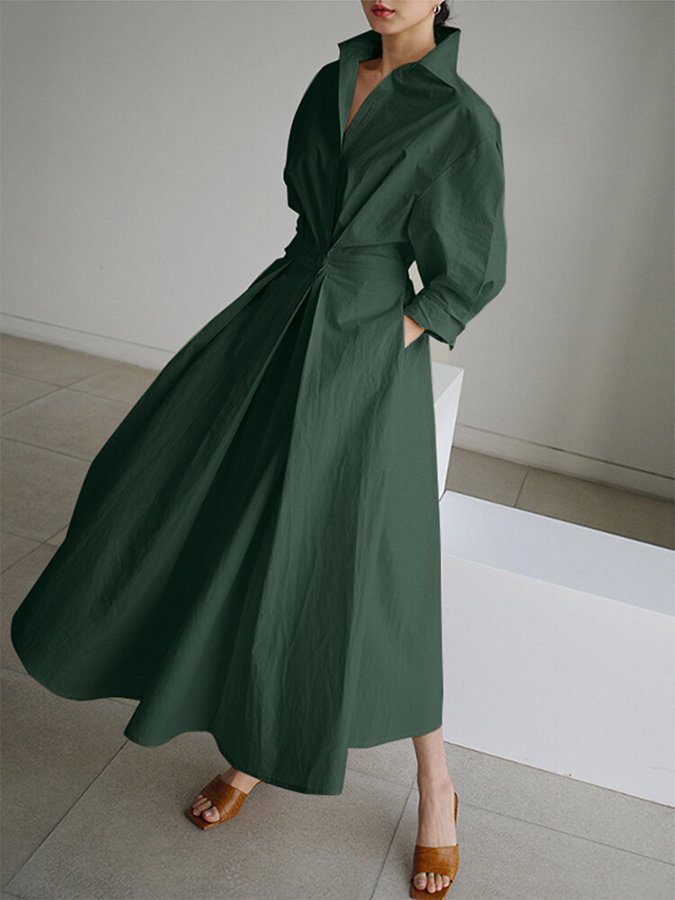 Stilvolles Damen Maxikleid langarm mit Hemdkragen