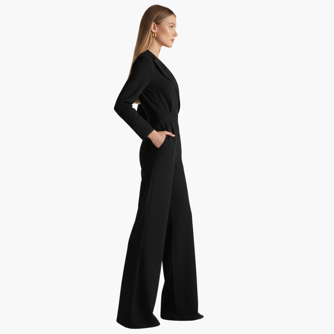 Jumpsuit langarm elegant für Damen – Hemdkragen & weite Beine