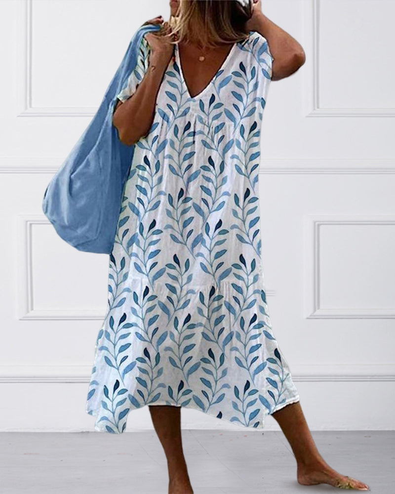 Sommerkleid Damen V-Ausschnitt Blätterdruck
